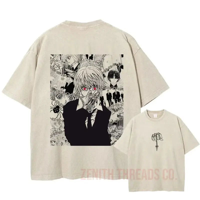 Beige t-shirt featuring black and white manga-style artwork on the front.