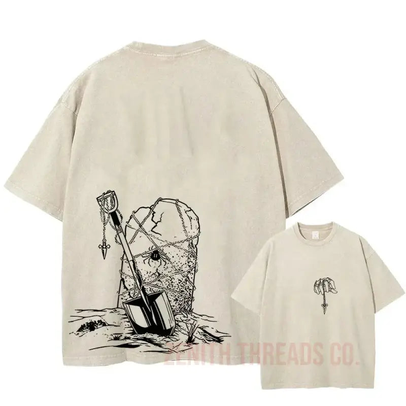 Beige t-shirt with a black sketch-style illustration of a bottle and glass.