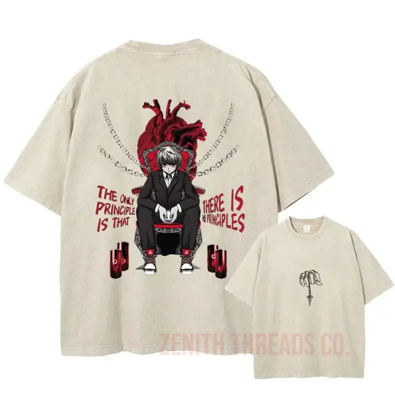 Beige t-shirt featuring dark artwork of a figure with a red anatomical heart and weightlifting design.