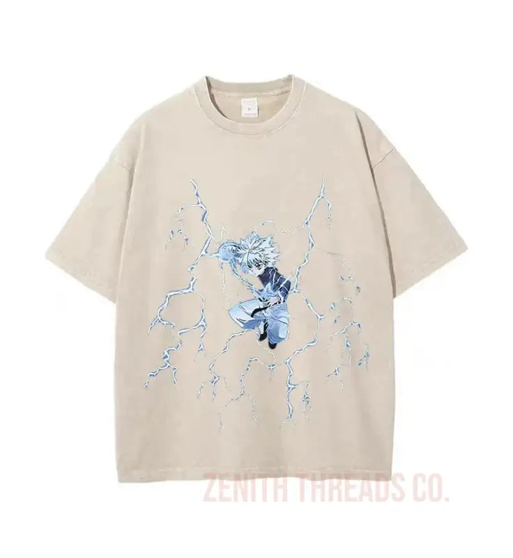 Beige t-shirt with a blue lightning-like graphic design in the center.