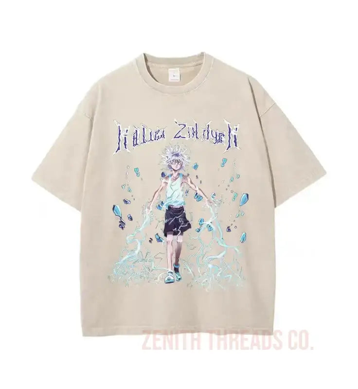 Beige t-shirt with an artistic anime-style character illustration and text design.