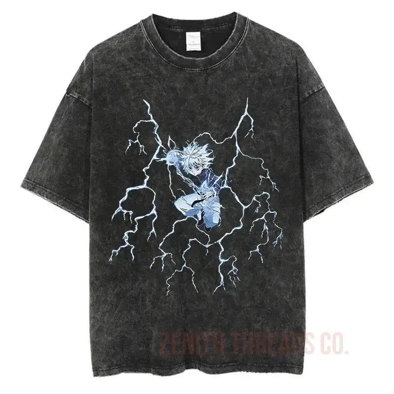 Black t-shirt featuring an anime character design surrounded by lightning bolts.