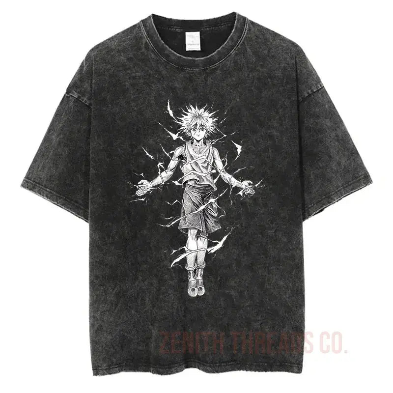 Black acid-washed t-shirt featuring a white anime character design in an energetic pose.