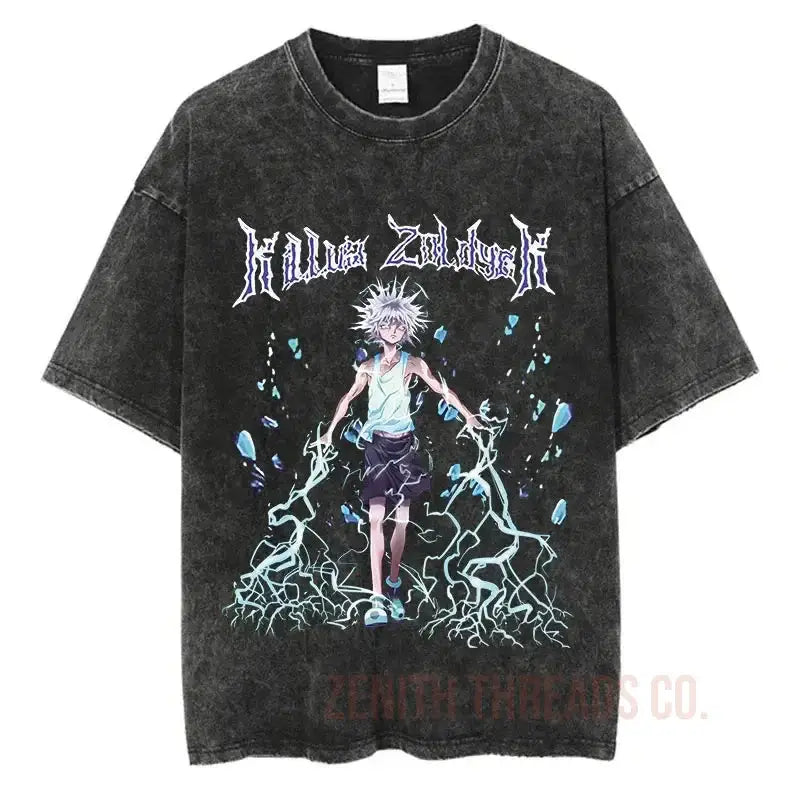 Black washed graphic t-shirt featuring an anime character design with lightning and water effects.