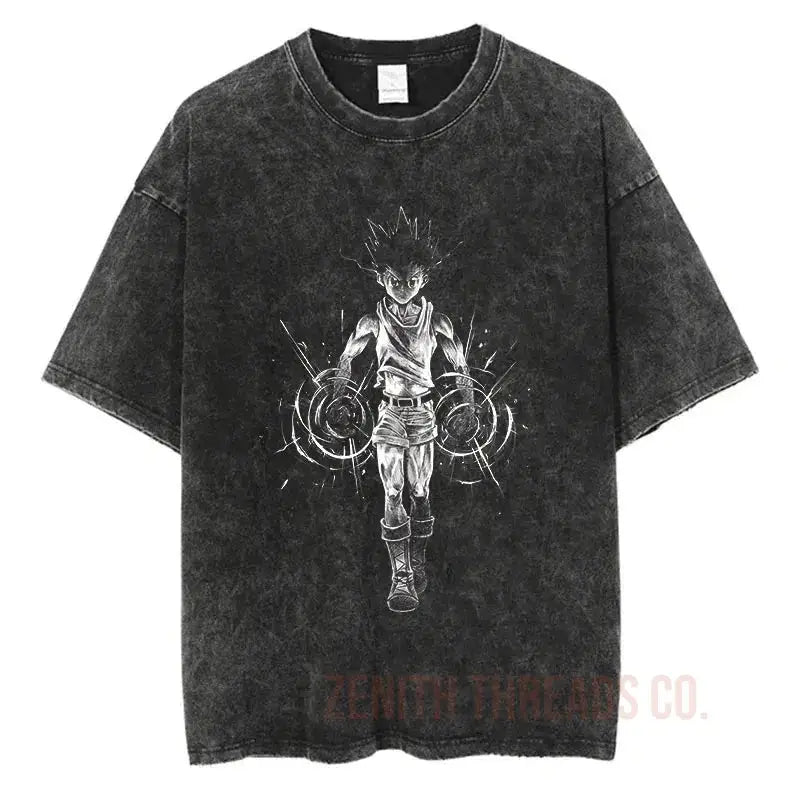 Black acid-washed t-shirt featuring an anime-style character design in white ink.