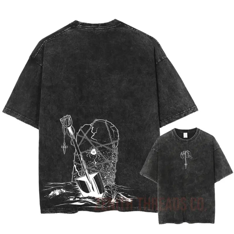 Black t-shirt with a shovel and gravestone design printed on it.