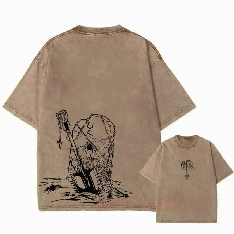 Tan t-shirt with a bottle and glass sketch design on the back.