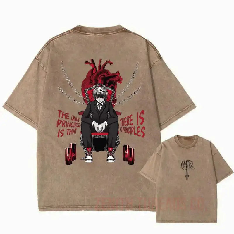 Tan t-shirt featuring dark artwork of a figure sitting on weights with a red anatomical heart design above.