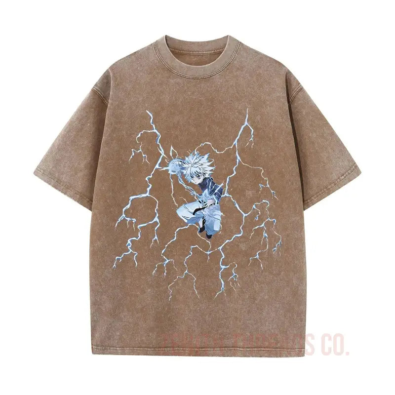 Brown t-shirt featuring a blue lightning and dragon design print.