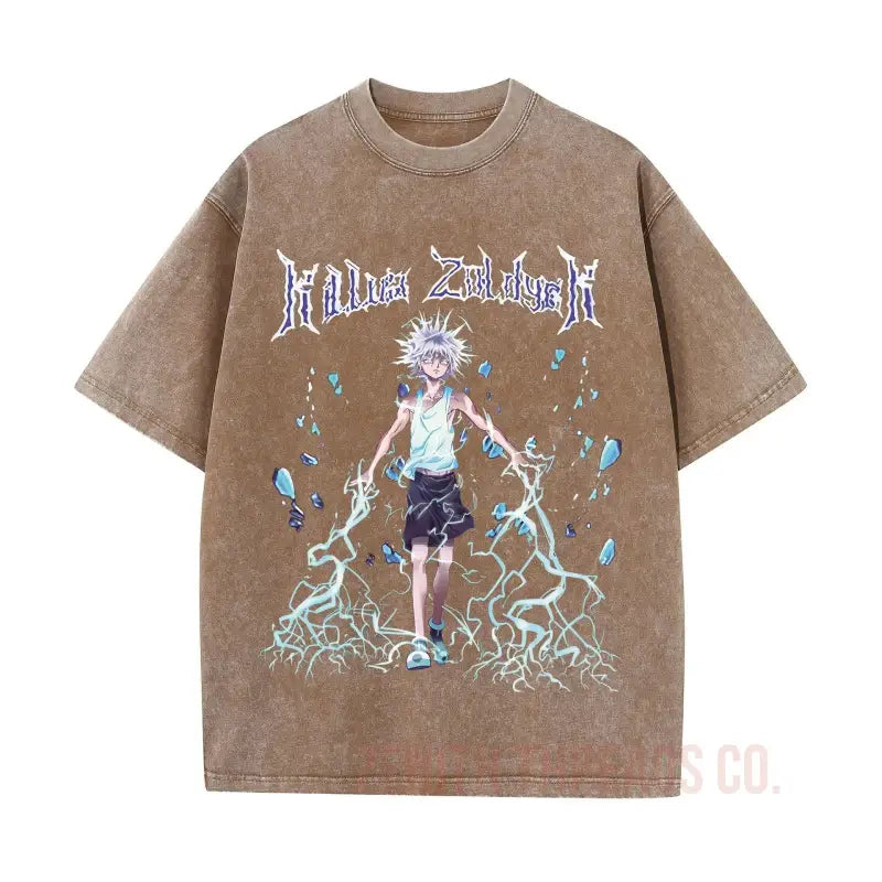 Brown t-shirt featuring an anime-style character design with blue lightning effects and gothic text.