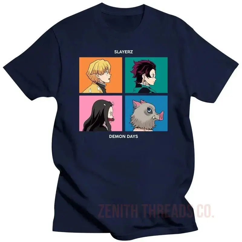 Navy blue t-shirt featuring a four-panel anime character design inspired by the Gorillaz ’Demon Days’ album cover.