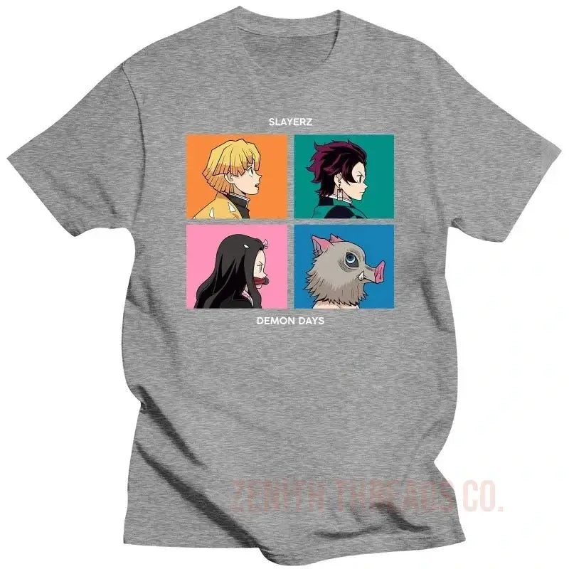 Gray t-shirt featuring four anime-style character portraits in colorful squares arranged in a grid pattern.