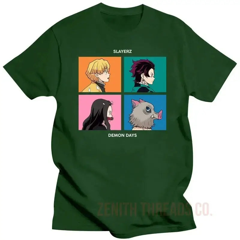 Green t-shirt featuring four anime-style character portraits arranged in a grid pattern similar to the Gorillaz ’Demon Days’ album cover.