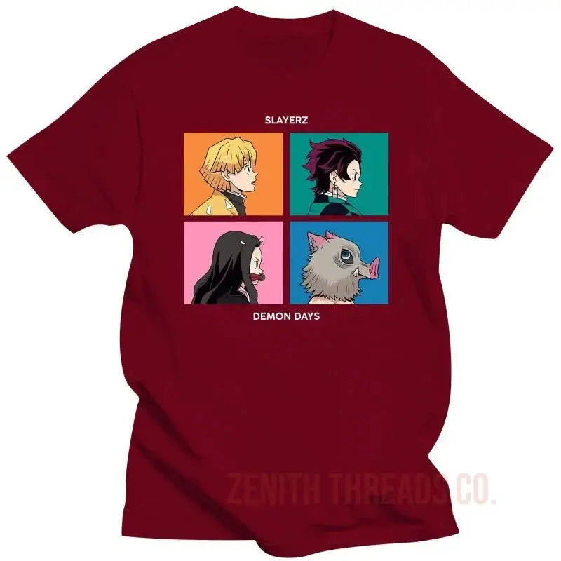 Burgundy t-shirt featuring a four-panel anime character design in pop art style.