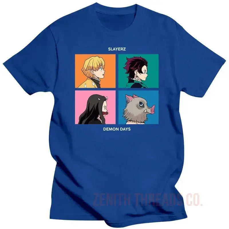 Royal blue t-shirt featuring four anime-style character portraits in colorful squares with ’SLAYERZ DEMON DAYS’ text.