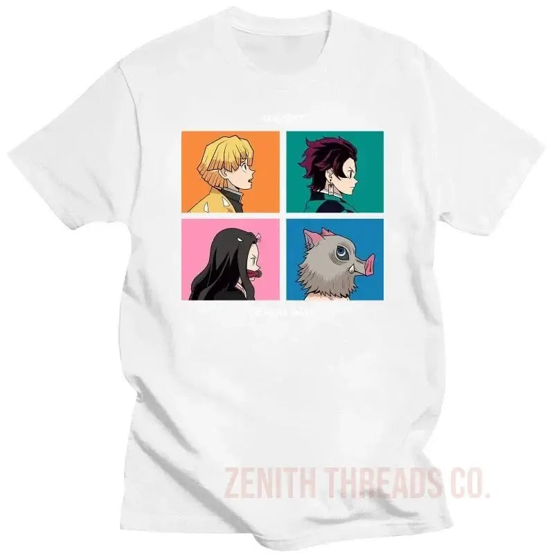 White t-shirt featuring four anime character portraits in colorful square panels.