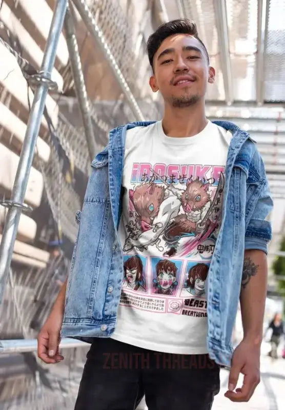 Someone wearing a denim jacket over an anime graphic t-shirt.