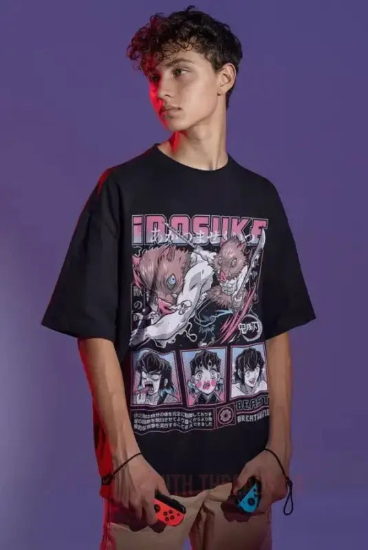 Black graphic t-shirt featuring anime-style artwork and Japanese text in pink and white colors.