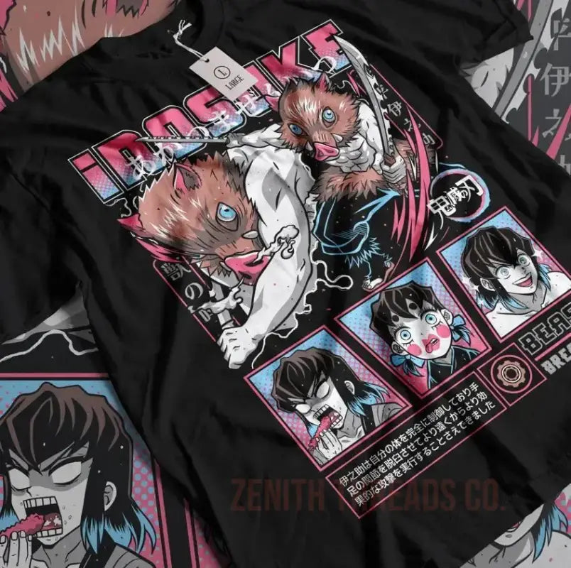 Black t-shirt with anime-style artwork featuring characters in pink, white and blue colors.