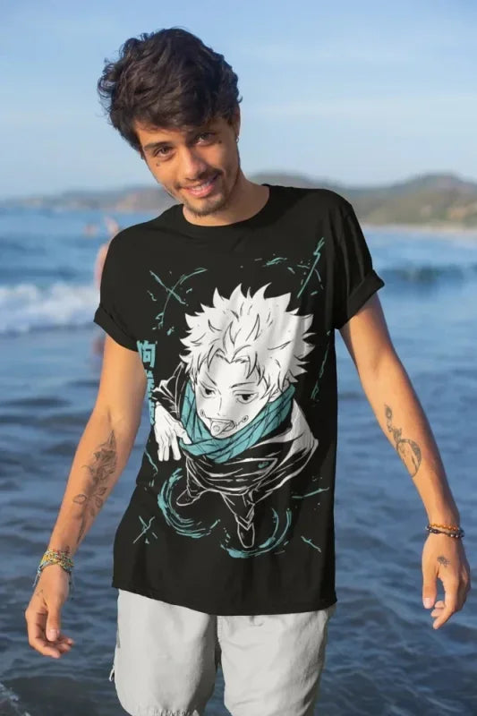 Black t-shirt featuring Inumaki Toge graphic from Jujutsu Kaisen, perfect for summer fashion