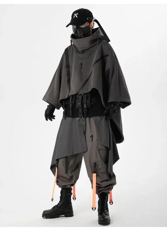 Cyberpunk-style gray irregular techwear functional hoodie with mask and cap