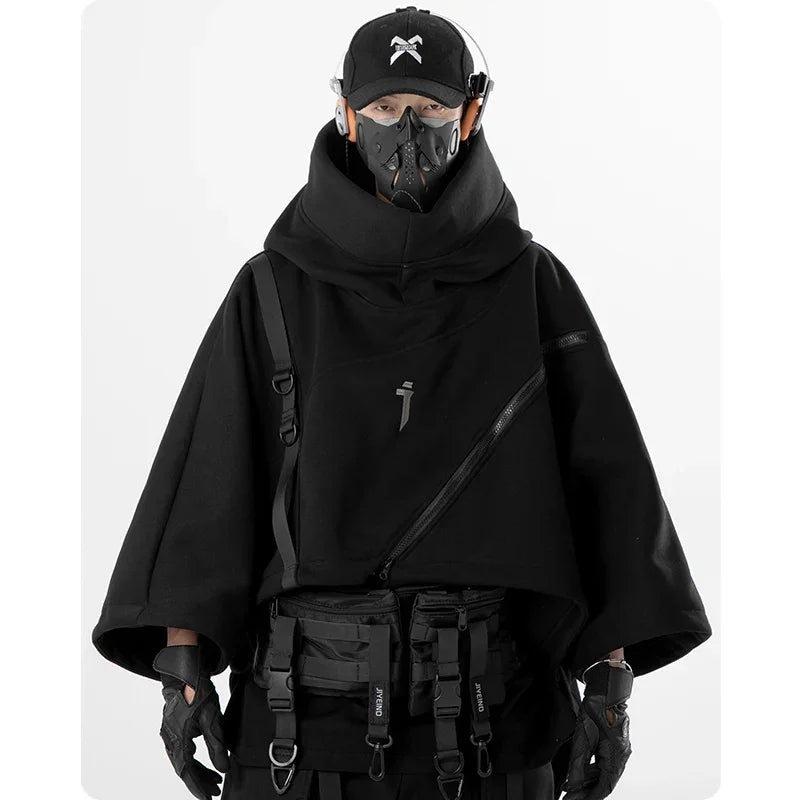 Cyberpunk black hooded poncho with tactical accessories, showcasing irregular techwear functional design