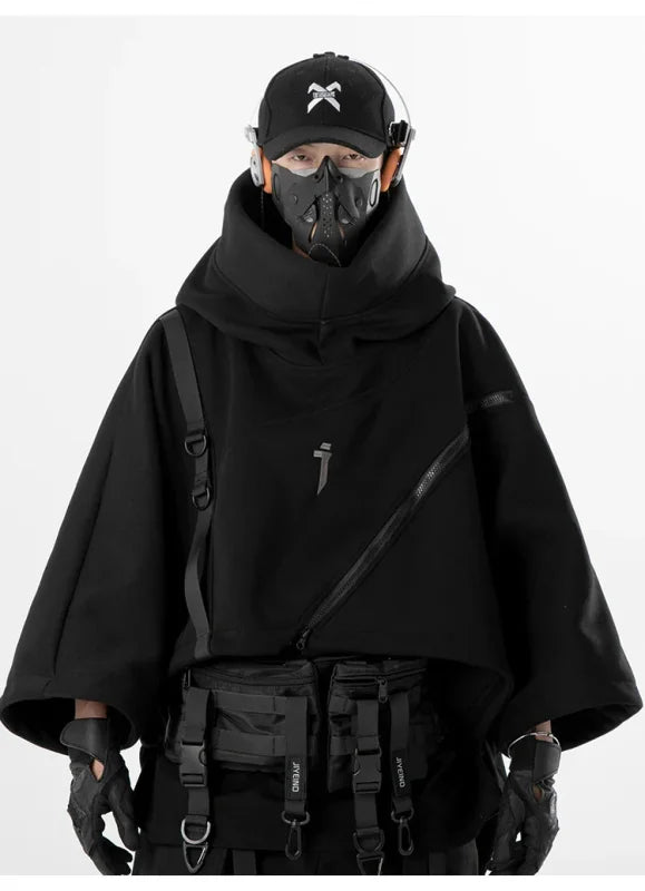 Black cyberpunk-style hooded poncho with tactical accessories for irregular techwear functional