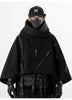 Black cyberpunk-style hooded poncho with tactical accessories for irregular techwear functional