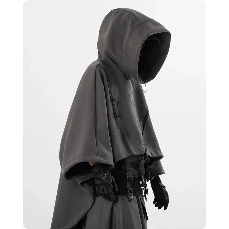 Gray hooded cloak with gloves featuring irregular techwear functional design for cyberpunk style