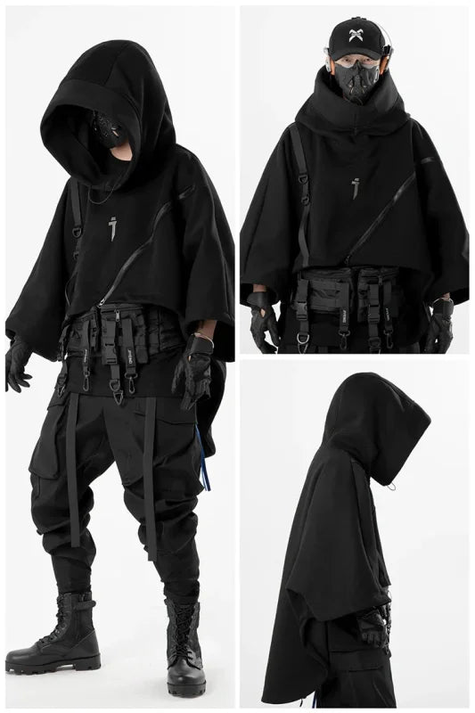 Black techwear outfit featuring a Futuristic Irregular Techwear Functional Hoodie