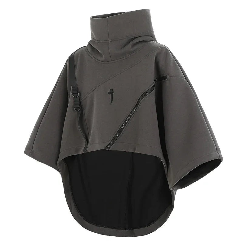 Gray high-neck poncho with zipper detail in Futuristic Irregular Techwear Functional Hoodie