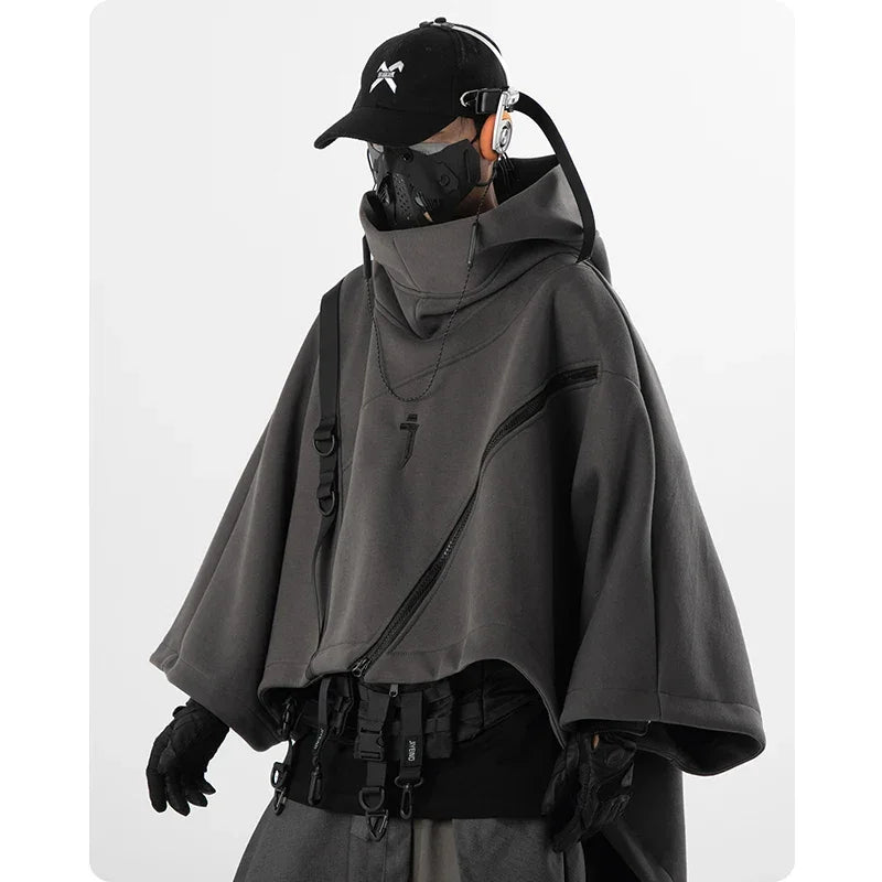 Gray irregular techwear poncho with hood in a futuristic techwear functional hoodie style