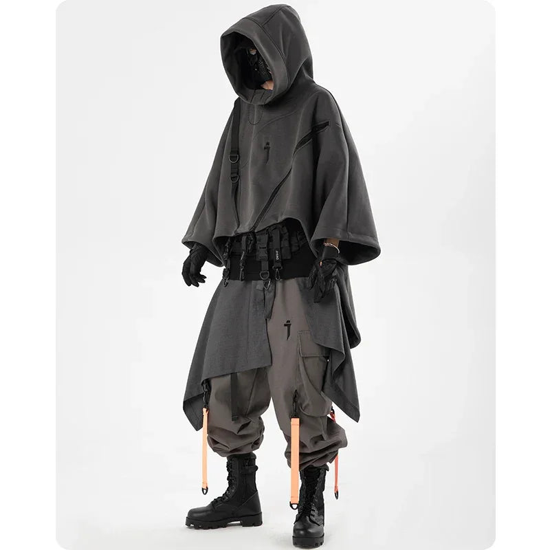 Gray hooded cyberpunk outfit featuring an irregular techwear functional design