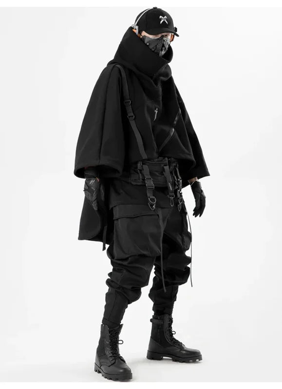 Black irregular techwear functional hoodie perfect for a futuristic cyberpunk style