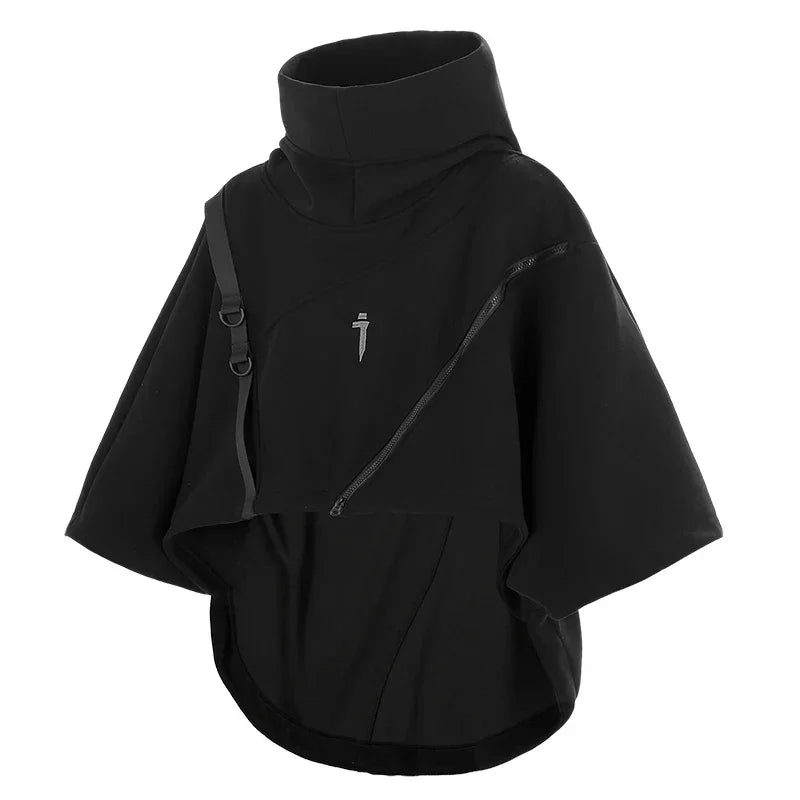 Black high-neck poncho with zipper detail in Futuristic irregular techwear functional hoodie