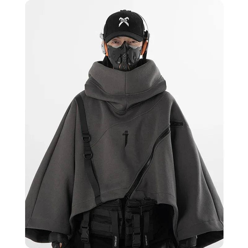 Gray hooded poncho with mask and cap in futuristic irregular techwear functional hoodie