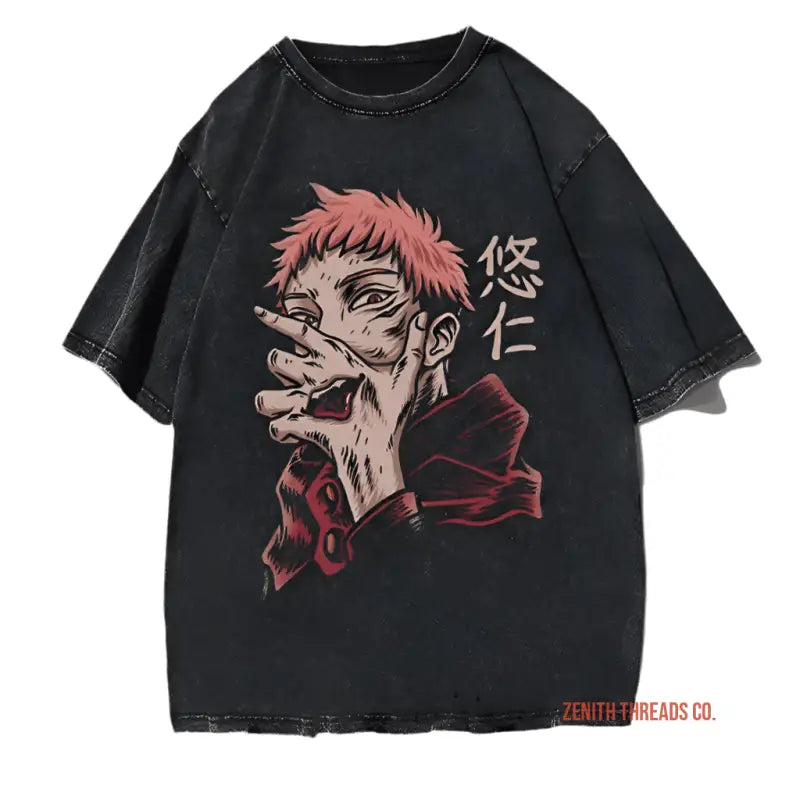 Black t-shirt featuring anime-style artwork with Japanese characters and red accents.