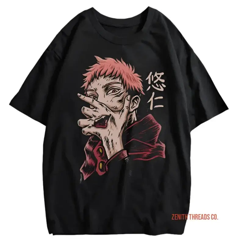 Black t-shirt featuring anime-style artwork of a character with pink hair and Japanese text.