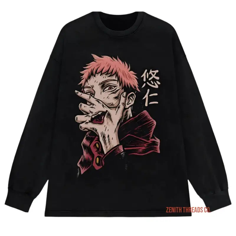 Black long-sleeve t-shirt featuring anime-style artwork of a character with pink hair and Japanese text.