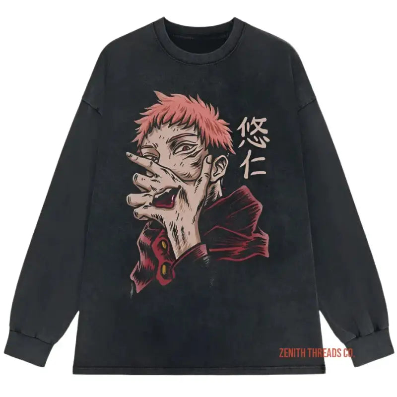 Black long-sleeve t-shirt featuring anime-style artwork of a character with pink hair.