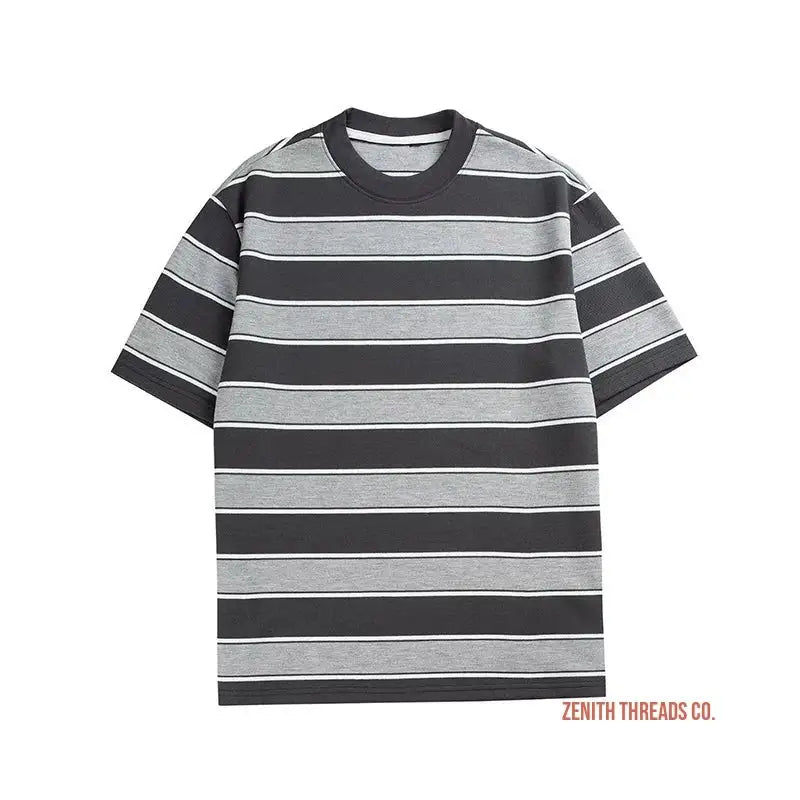 Striped grey and black t-shirt with short sleeves.