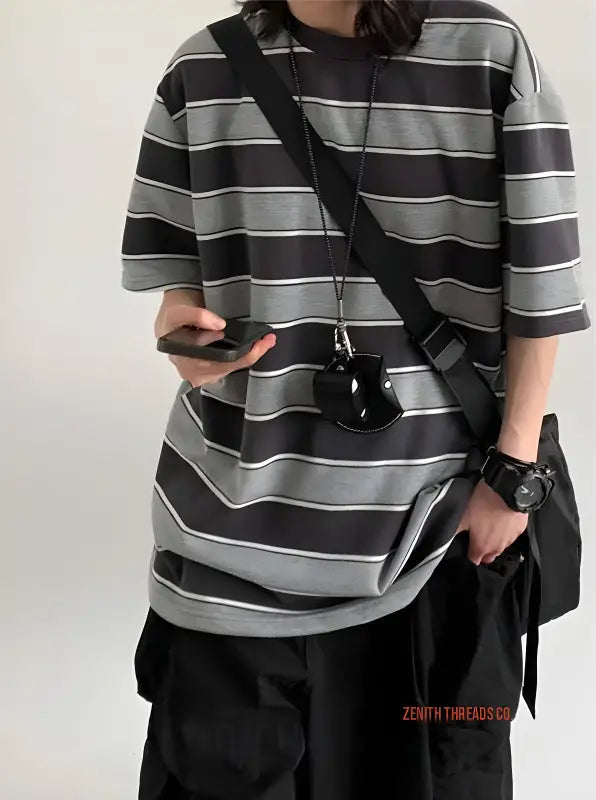 Striped grey and black oversized t-shirt with short sleeves.