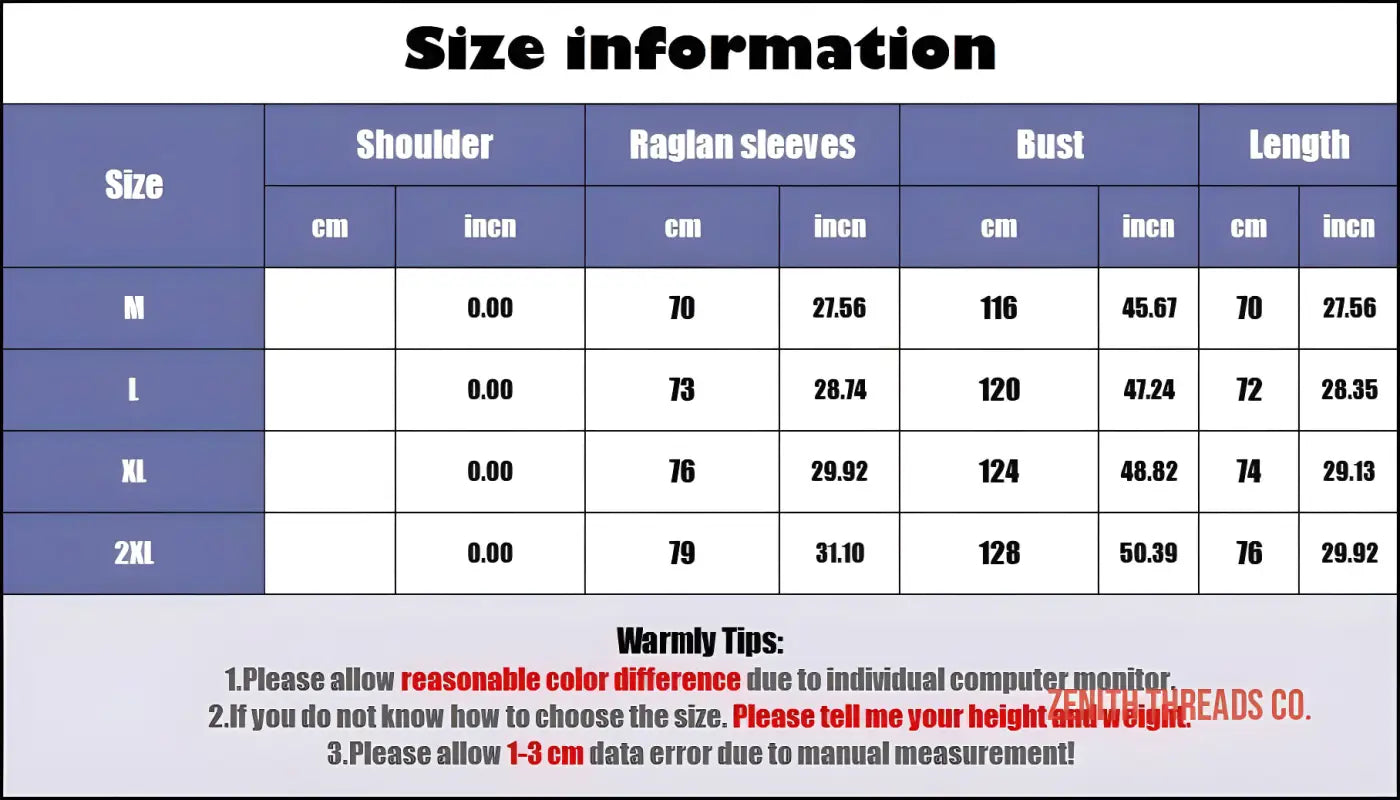 Size chart showing measurements for shoulder, raglan sleeves, bust and length across M, L, XL, and 2XL sizes.