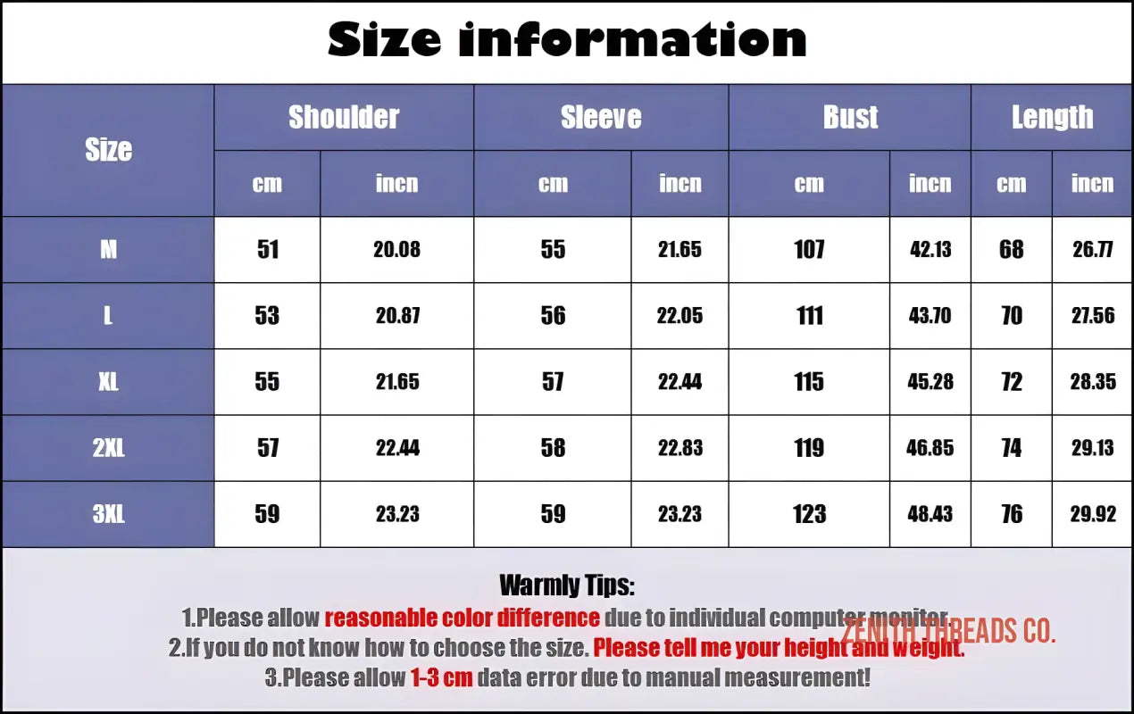 Size chart showing measurements for shoulder, sleeve, bust and length dimensions in both centimeters and inches.