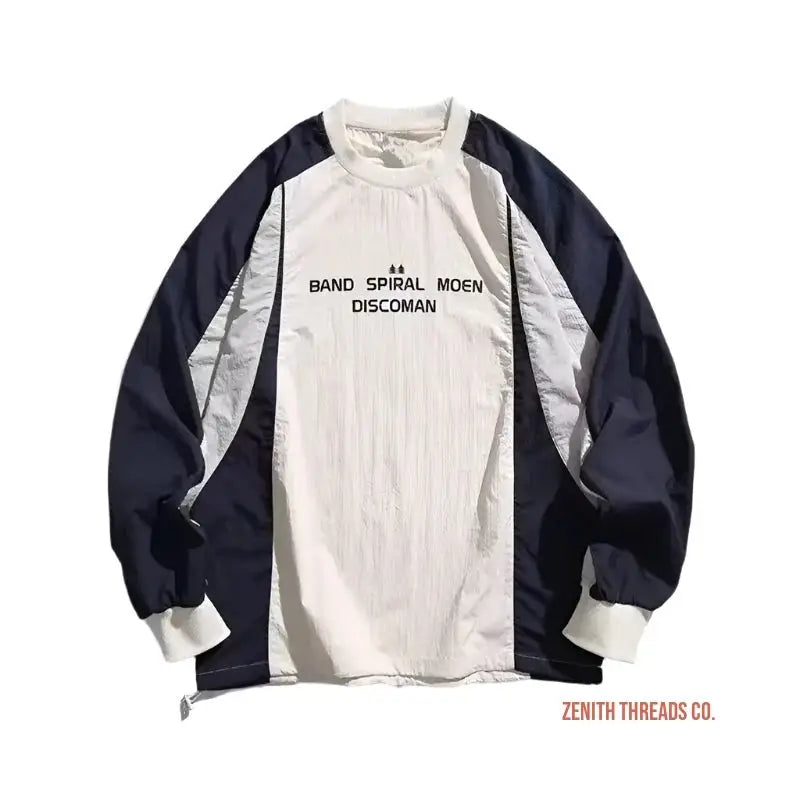 Two-toned raglan sweatshirt with text ’BAND SPIRAL MOEN DISCOMAN’ on the front.