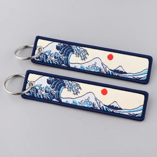 Japanese Waves Embroidered Zinc Alloy Keychain Set with Wave and Sun Design