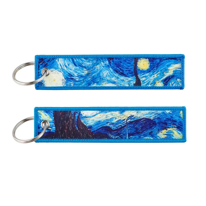 Two Starry Night keychains in Japanese Waves Embroidered Zinc Alloy Keychain Set