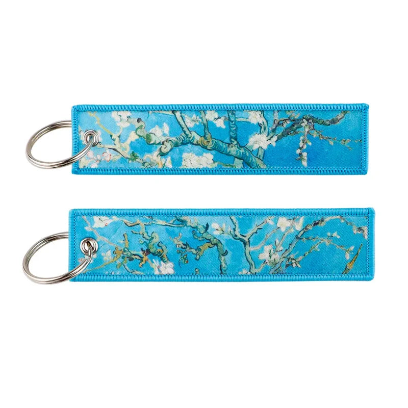 Two Van Gogh Almond Blossom Keychains in Japanese Waves Embroidered Zinc Alloy Set