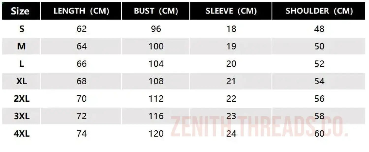 Size chart showing measurements for clothing dimensions including length, bust, sleeve, and shoulder in centimeters.