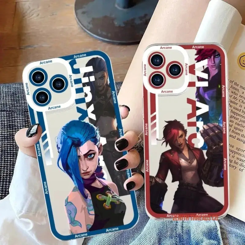 Two iPhone cases featuring Arcane-themed anime-style artwork with triple camera cutouts.